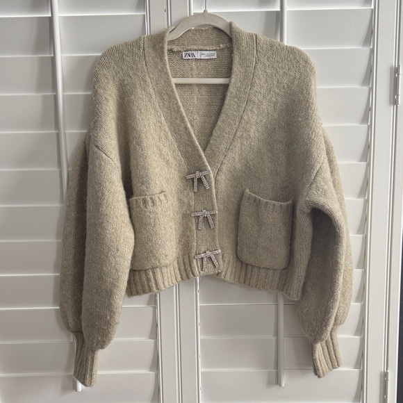 Zara Alpaca Wool Blend Rhinestone Bow Cardigan - Picture 2 of 6